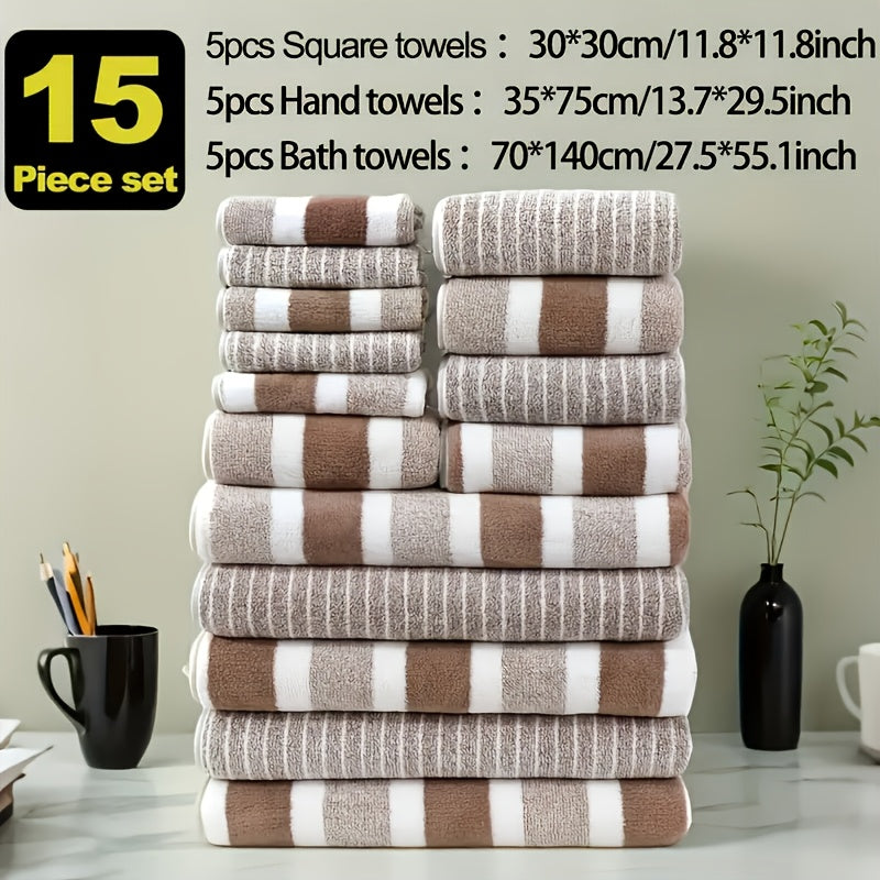 9/15pcs Classic Towel Set, No Hair Loss, Super Absorbent, Super Soft Two-Color Striped Interval Bath Towel Combination, Including 2/5 Large Bath Towels, 2/5 Large Face Towels, 5 Hand Towels, Bathroom Supplies, And Beach Essentials
