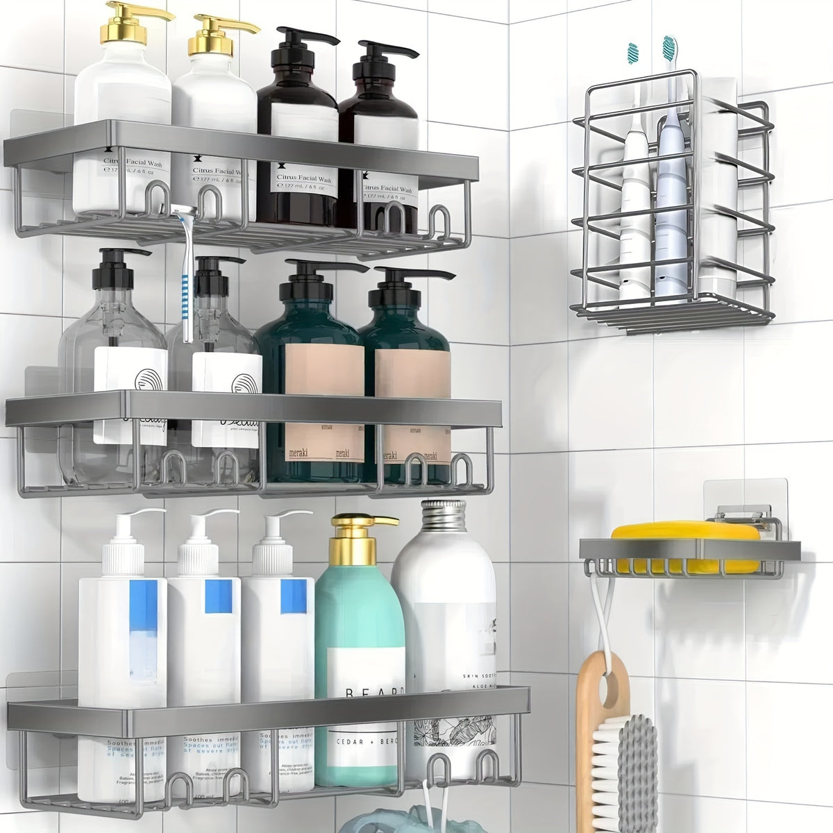 Shower Caddy, 5 Pack Shower Organizer Rack for Inside Shower, Self Adhesived Shower Shelf Large Capacity Rustproof Stainless Steel Bathroom Wall Storage Shower Basket, Random Color Properties to Choose, Shower Caddies