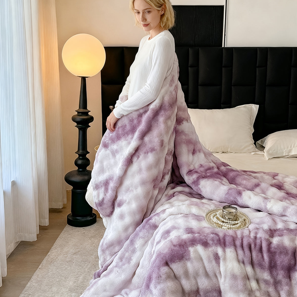 Soft & Warm Ultra-Soft Faux Rabbit Fur Tie-Dye Plush Throw Blanket - Reversible, Machine Washable for All Seasons, Perfect for Sofa, Bed, Living Room, Christmas,, 320GM Random Color