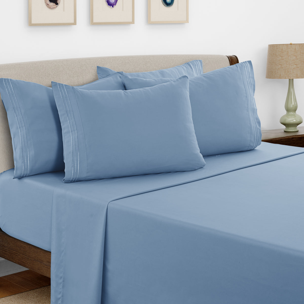 Lux Decor 6 Pieces Solid Bed Sheets Set - Modern Soft Comfortable Bedding Set, Hotel Luxury Skin Friendly Cooling Sheets & Embroidered Pillowcases Without Filler - All Seasons Bed Sheet with 16 Inches deep Pocket, Breathable Skin Friendly & Cooling Sheets