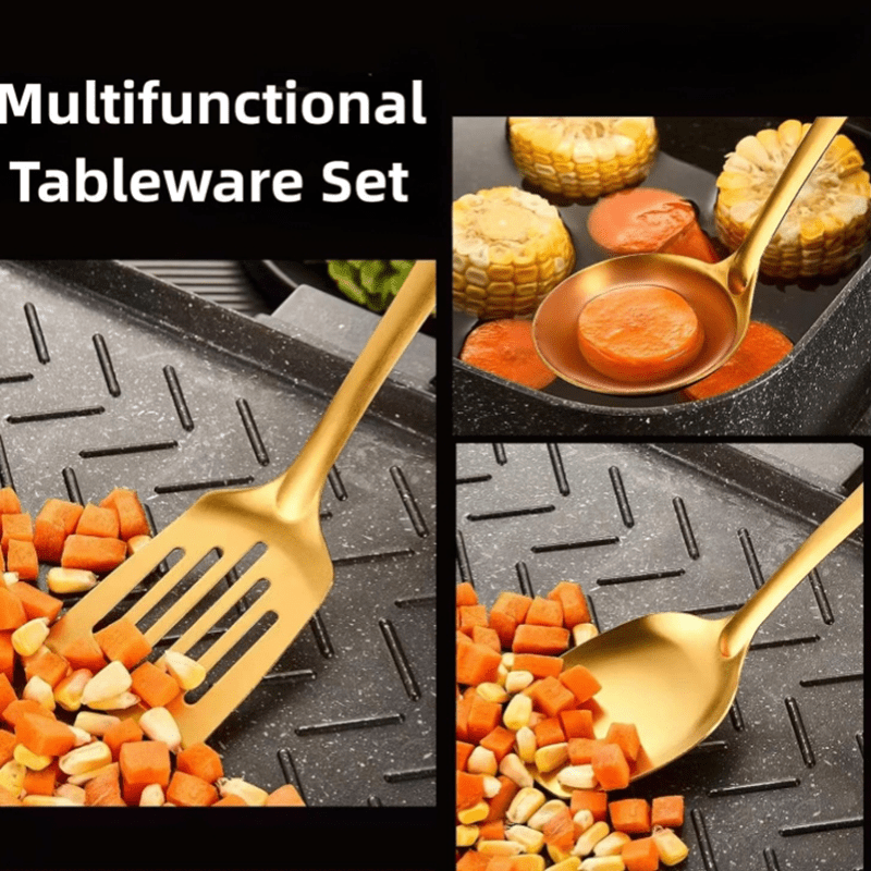 6pcs Set of Korean Style Stainless Steel Golden-plated Kitchen Utensils: Home Cooking Spoons, Frying Flip Spoons - Essential Luxury Golden Service Spoons with Filters and Hot Pot Clips, Perfect for Cooking, Buffets, Restaurant Banquets
