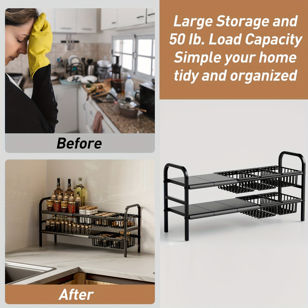 Kitchen Storage Rack, Bathroom Storage Rack, 1 Expandable Under Sink Organizer & Locker 2 Tier Cabinet Shelf Organizer with 5 Removable Panels 5 Baskets for Under Kitchen Bathroom Sink Organizer & Storage.Thanksgiving And Christmas Gifts