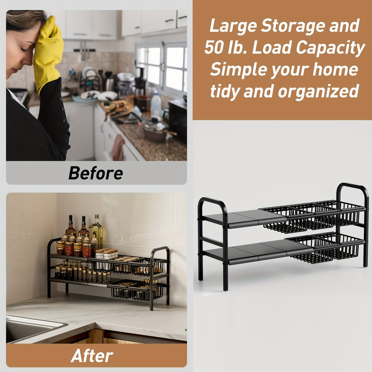 Kitchen Storage Rack, Bathroom Storage Rack, 1 Expandable Under Sink Organizer & Locker 2 Tier Cabinet Shelf Organizer with 5 Removable Panels 5 Baskets for Under Kitchen Bathroom Sink Organizer & Storage.Thanksgiving And Christmas Gifts