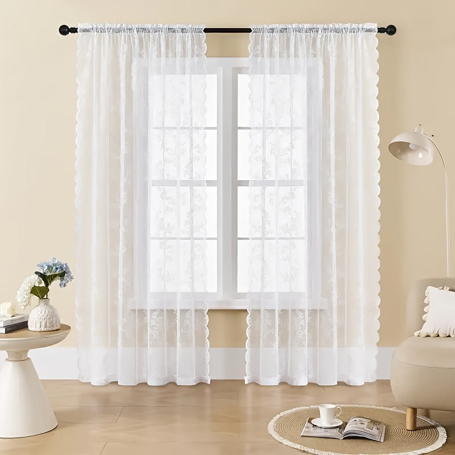 1pc White Lace Door Curtain with Wave Edge, Semi-Sheer Polyester Rod Pocket Curtain for Home And Outdoor Use, Vintage Style with Floral Pattern, Semi-Sheer Curtains | Vintage Curtain Design | Embroidered Detailing