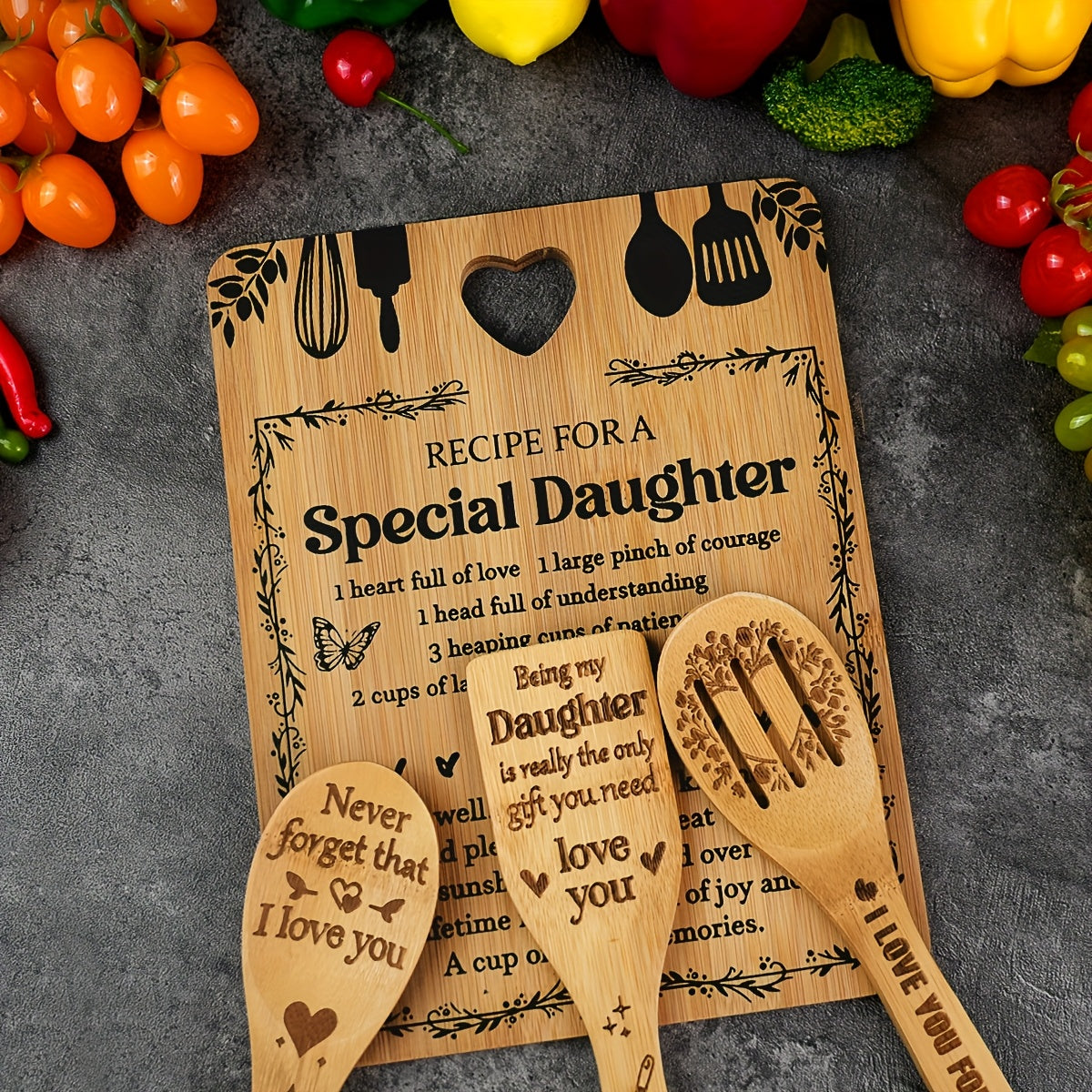 Birthday Gifts for Daughter - "Recipe for a Special Daughter" Daughter Cutting Board Set Bamboo-Made Engraved Utensil Set Birthday Gifts for Daughter Daughter Christmas Gifts