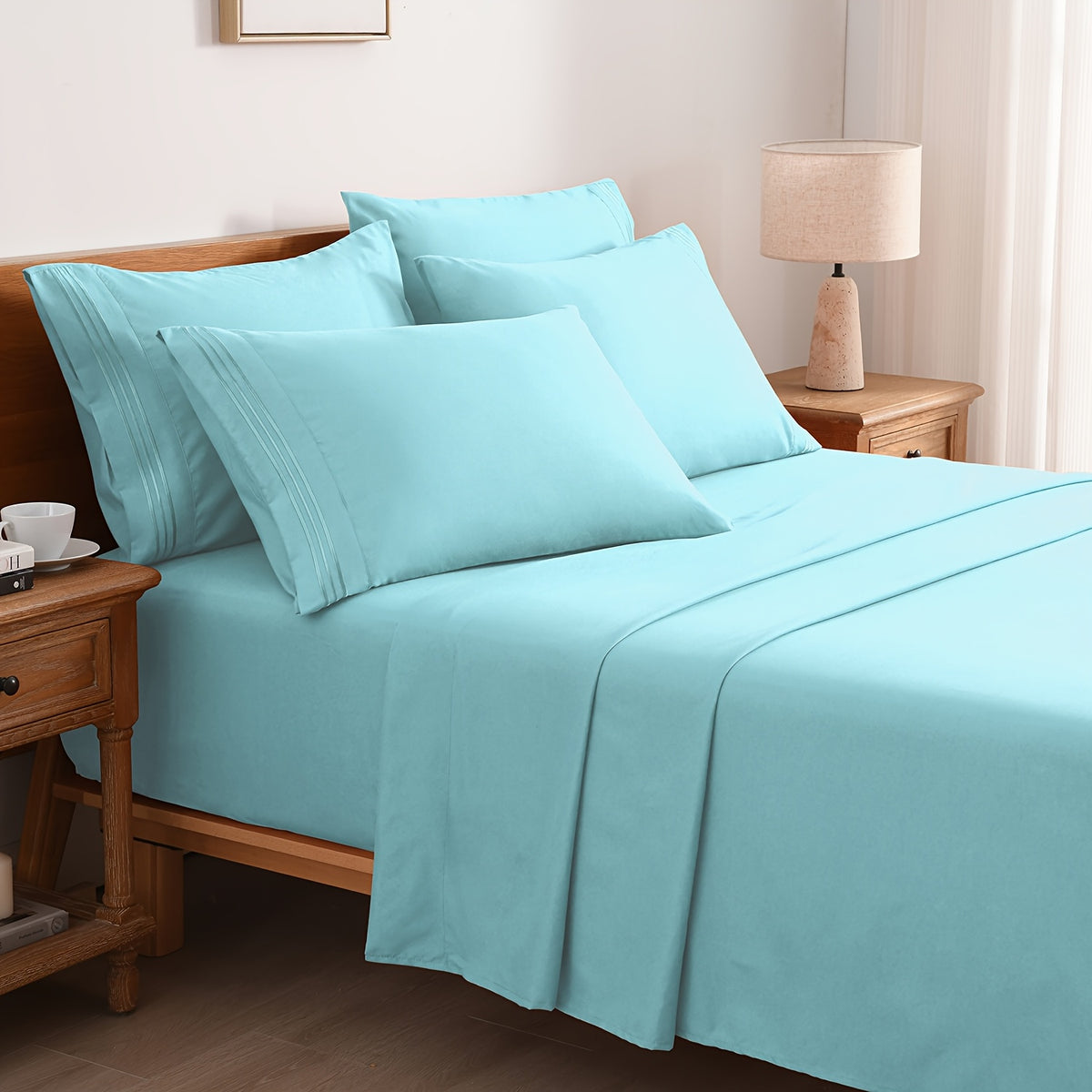 6pcs Summer Cooling Bed Sheet Set, 18 Inch Deep Pocket Ultra Soft Breathable Polyester Solid Color Bedding Three Embroidery 100 GSM Anti Fading Wear Resistant Wrinkle Free Easy Care Bedroom Home Decor