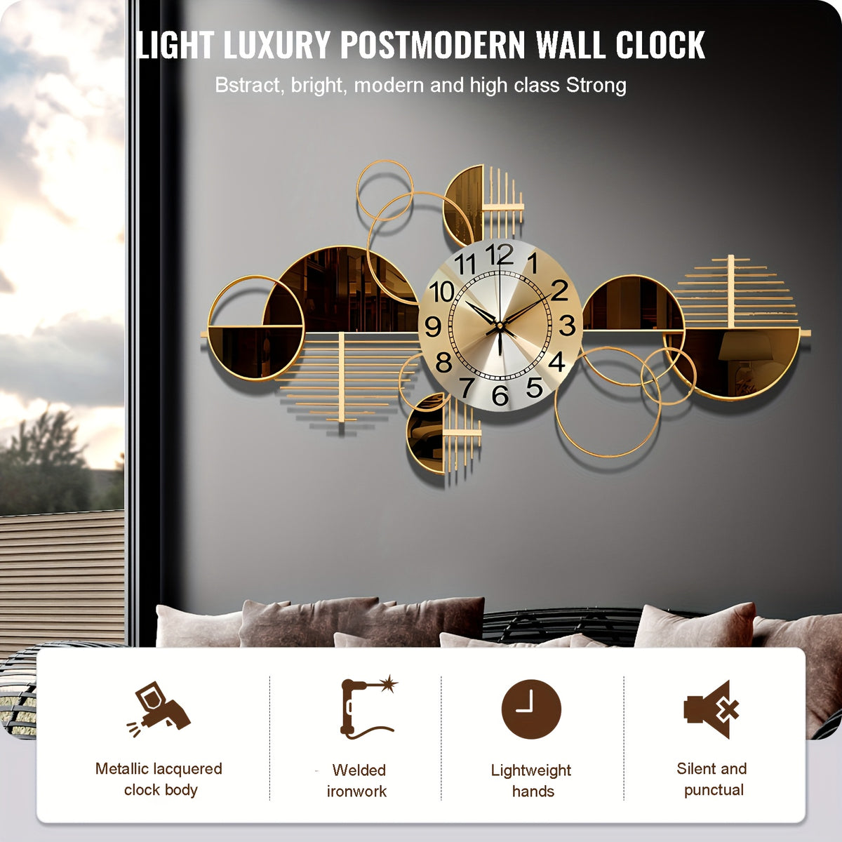 1pc Metal Wall Clock, Rectangle Silent Wall Art Clock for Living Room Bedroom, Modern Decorative Wall Clock with Arched Crown, No-Ticking, 34 x 17 Inch