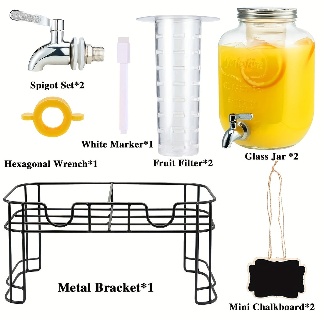 2-Pack 1 Gallon Glass Drink Dispensers for Parties, Beverage Dispenser, Glass Drink Dispenser with Fruit Infuser And Stand And Stainless Steel Spigot, Lemonade Dispenser with Ice Cylinder for BBQ, Picnic, Party, Weddings, And Events