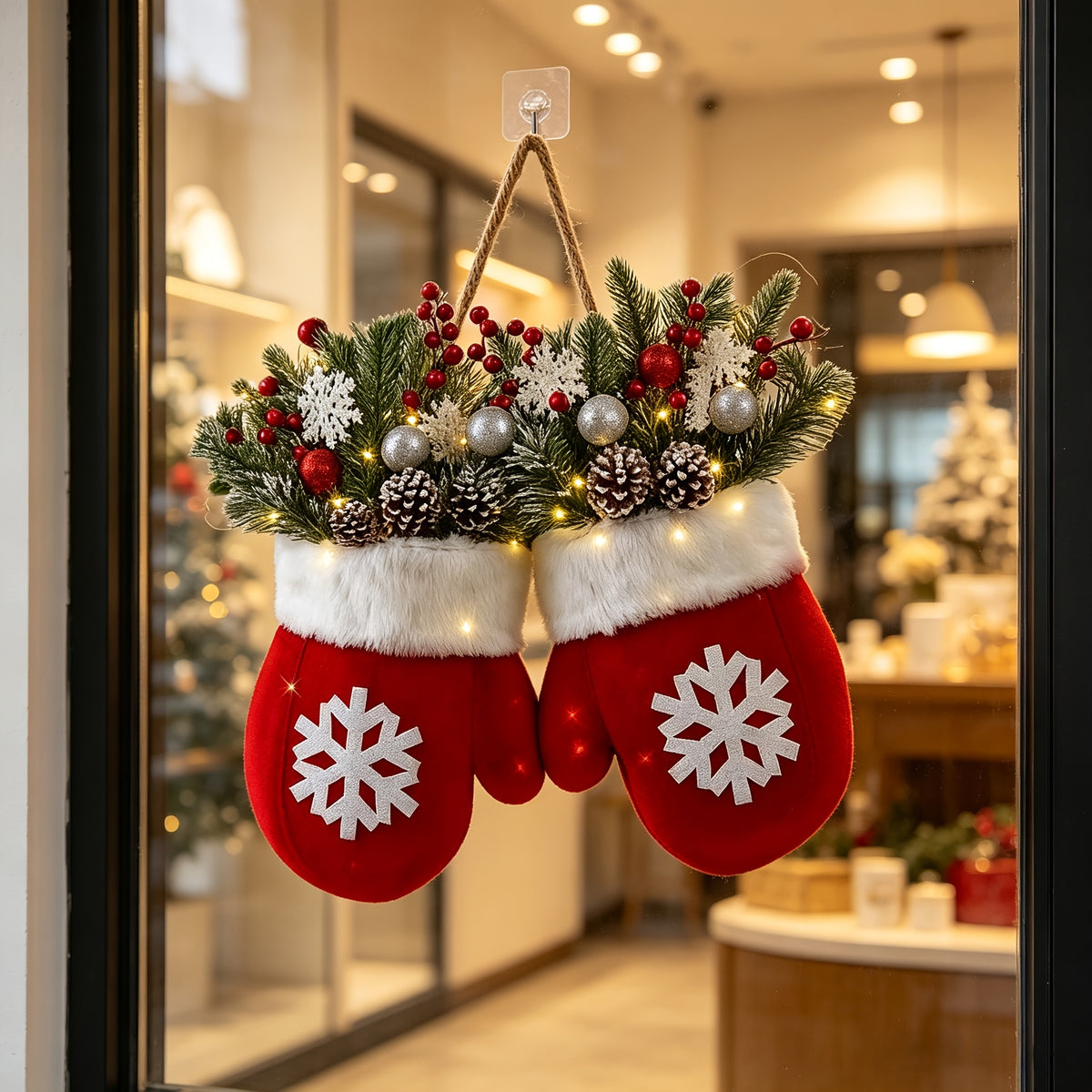 Flashing Christmas Glove Wreath With 20 LED, Christmas Wreath For Front Door With Artificial Pine Branches, Red Berries, And Frosted Pine Cones, Suitable For Indoor/Outdoor Decoration, Used For Christmas Tree, Wall Decoration