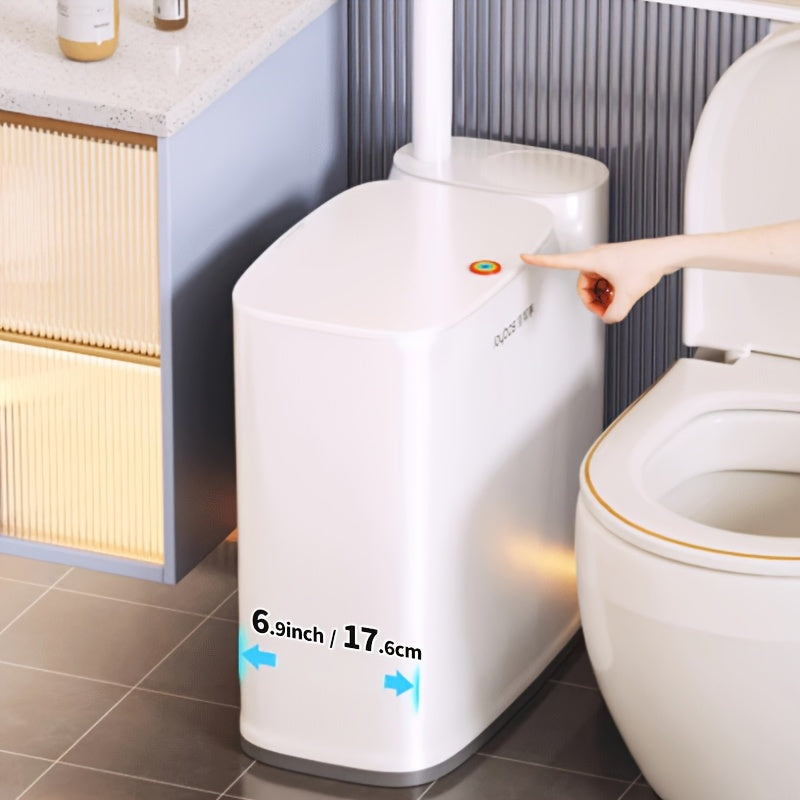 2-In-1 Trash Can with Toilet Brush And Brush Head | White Rectangular Modern Bathroom Narrow Seam Trash Can with Push-On Lid, Disposable Toilet Brush, Ivory, Bathroom Decor And Additions, Floor Mount, Plastic, JOYBOS