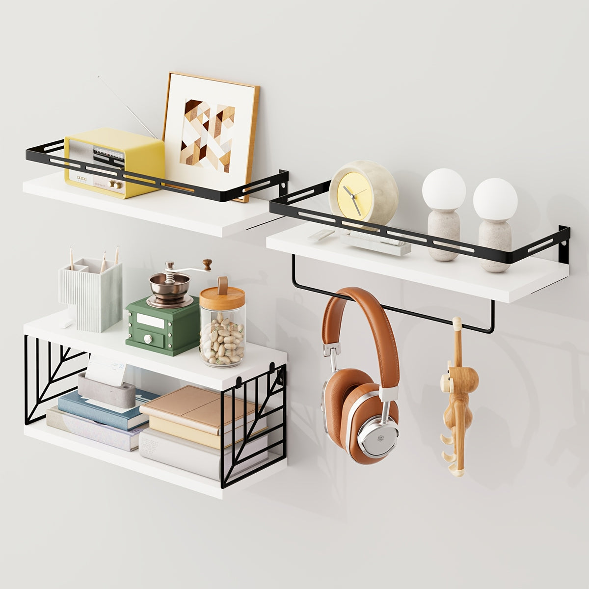TOMNK 3/4pcs Wall Mounted Floating Storage Rack, Rustic Wood Wall Shelf with Guardrail, Multifunctional Display Unit for Bedroom, Living Room, Bathroom And Kitchen