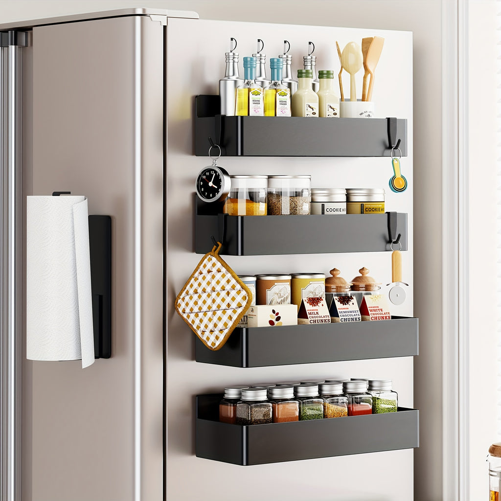 5/6pcs Multifunctional Magnetic Refrigerator Spice Organizer Set, Magnetic Kitchen Paper Towel Holder, Magnetic Refrigerator Kitchen Utensil Organizer with Four Hooks, Space Saving Design, Hole-Free Design, Kitchen Accessories, Home Decoration, Utility Sh
