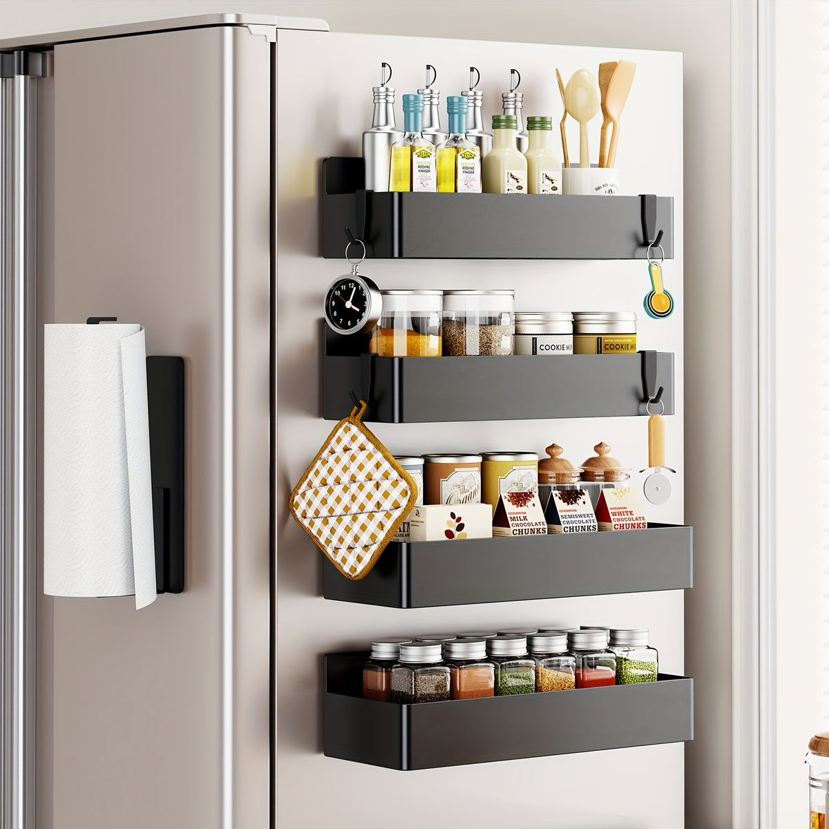 5/6pcs Multifunctional Magnetic Refrigerator Spice Organizer Set, Magnetic Kitchen Paper Towel Holder, Magnetic Refrigerator Kitchen Utensil Organizer with Four Hooks, Space Saving Design, Hole-Free Design, Kitchen Accessories, Home Decoration, Utility Sh