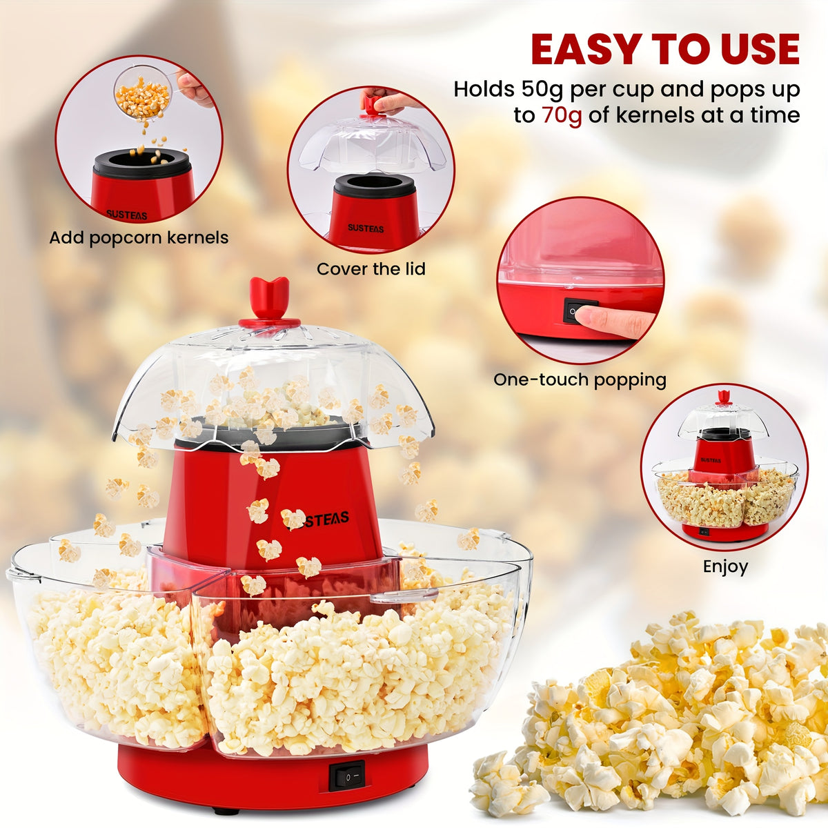 Practical Hot Air Popcorn Machine With 4 Bowls, Fast 5-Min Electric Popcorn Popper, Easy To Clean Snack Machine With Local Warehouse, Portable Popcorn Maker For Movie Nights, Parties, Family Gatherings, Home Theater, Event Catering & Kitchen Use