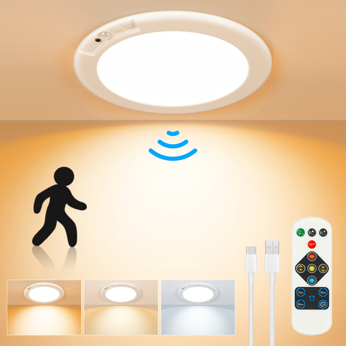 8/6/4/2/1Pack Rechargeable LED Ceiling Light with Motion Sensor, 3 Lighting Options, 10 Brightness Levels Battery Operated Closet Lights, Remote Control Dimmable Timing Motion Shower Lights for Living Bathroom Pantry Hallway Porch(3000K/4500K/6500K)