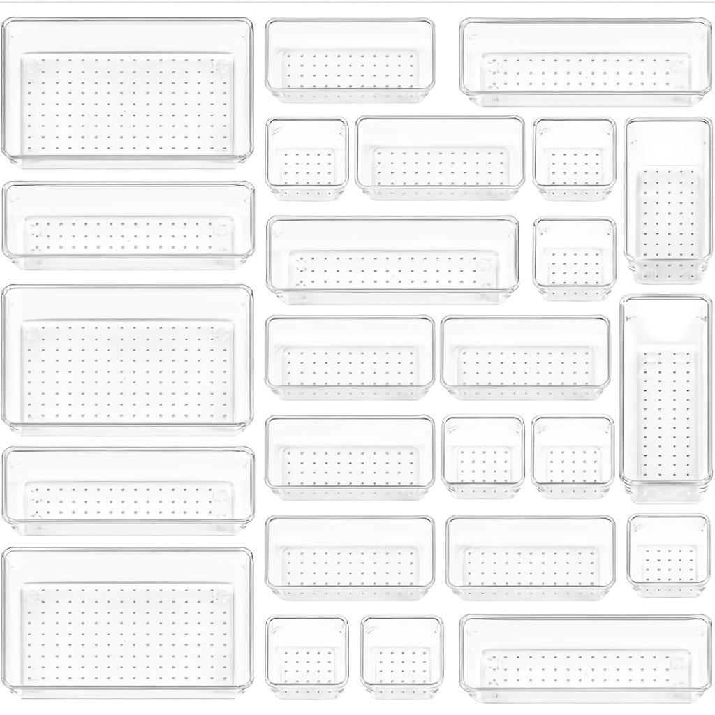 Set Of 25 Clear Storage Trays for Organizing Desk Drawers, Perfect for Cosmetics And Miscellaneous Items. Ideal for Use On Dressers, Under Beds, And for Desk Organization, Flatware Organizers And Kitchen Drawer Dividers