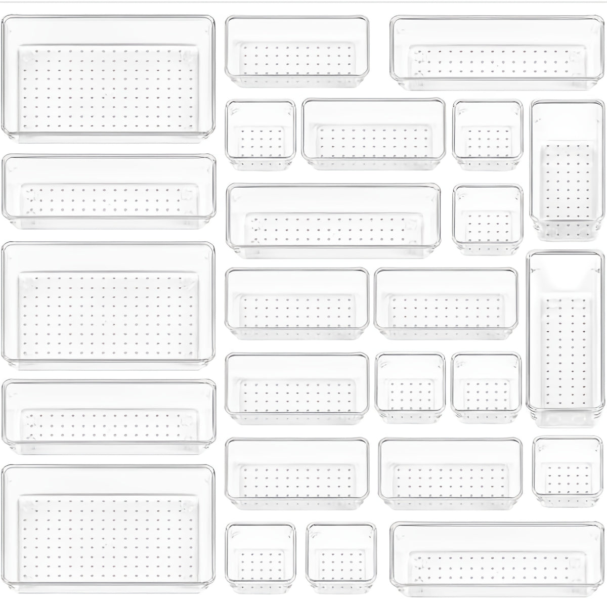 Set Of 25 Clear Storage Trays for Organizing Desk Drawers, Perfect for Cosmetics And Miscellaneous Items. Ideal for Use On Dressers, Under Beds, And for Desk Organization, Flatware Organizers And Kitchen Drawer Dividers