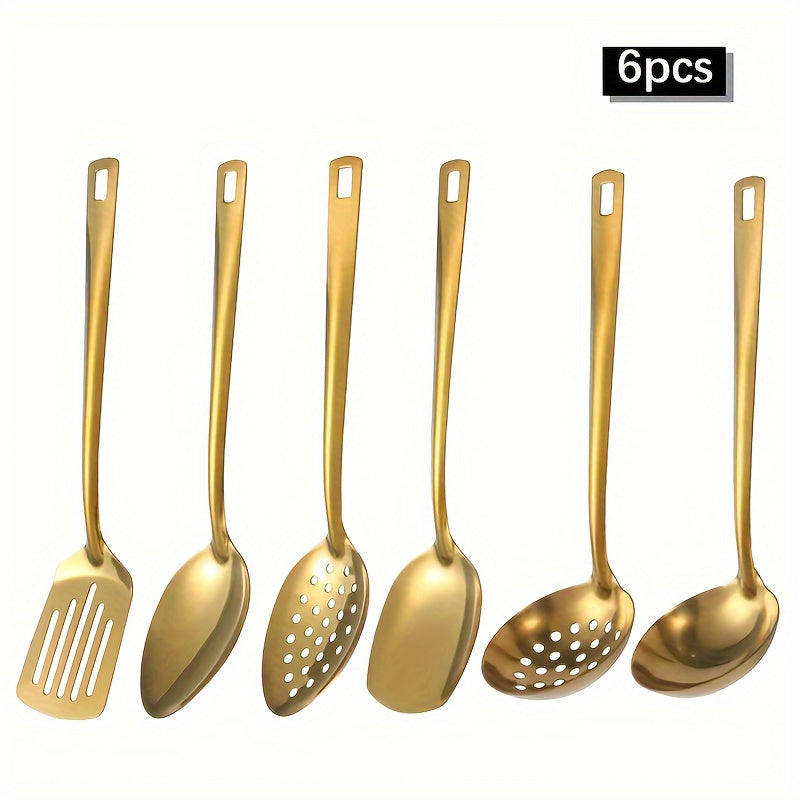 6pcs Set of Korean Style Stainless Steel Golden-plated Kitchen Utensils: Home Cooking Spoons, Frying Flip Spoons - Essential Luxury Golden Service Spoons with Filters and Hot Pot Clips, Perfect for Cooking, Buffets, Restaurant Banquets