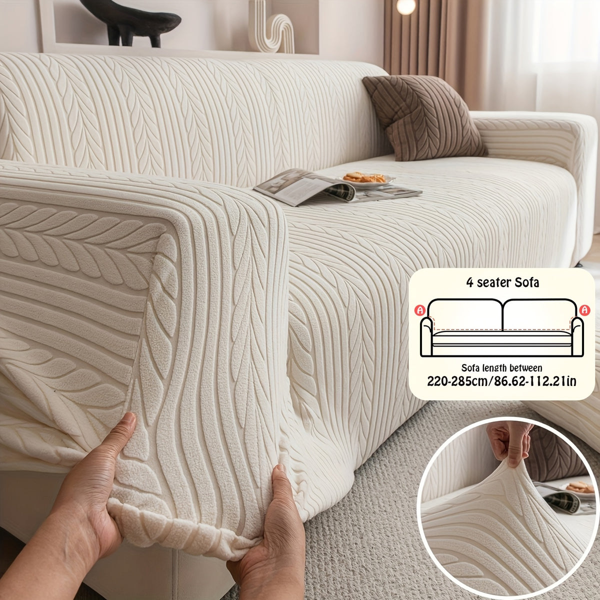 1pc Striped Sofa Cover - Washable, Stretchable, Scratch-Resistant & Non-Slip All-Season Sofa Protector, Fits 1-4 Seater Sofas, White Textured Fabric with Sawtooth Pattern, Perfect for Living Room Decor & Furniture Protection | Durable Protection