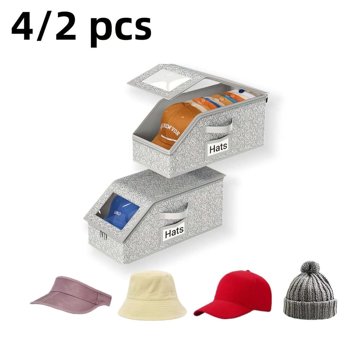 4/2pcs Stackable Baseball Cap Storage Box with Clear Viewing Window, Holds Up to 30 Caps Hat Organizer for Closet, Suitable for Men, Women, Gray, Space-Saving Design for Underwear, Socks, Toys