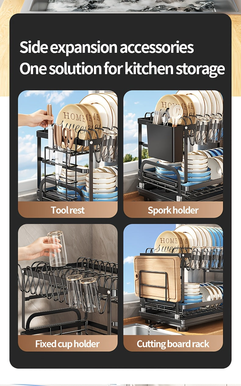 Two-tier Metal Kitchen Countertop Dish Rack Is Space-saving And Durable. It Comes with A Knife And Fork Holder, A Cup Rack, A Cutting Board Holder, And A Rust-proof Draining Tray. It Organizes Your Tableware And Helps Keep Your Kitchen Neat And Tidy.