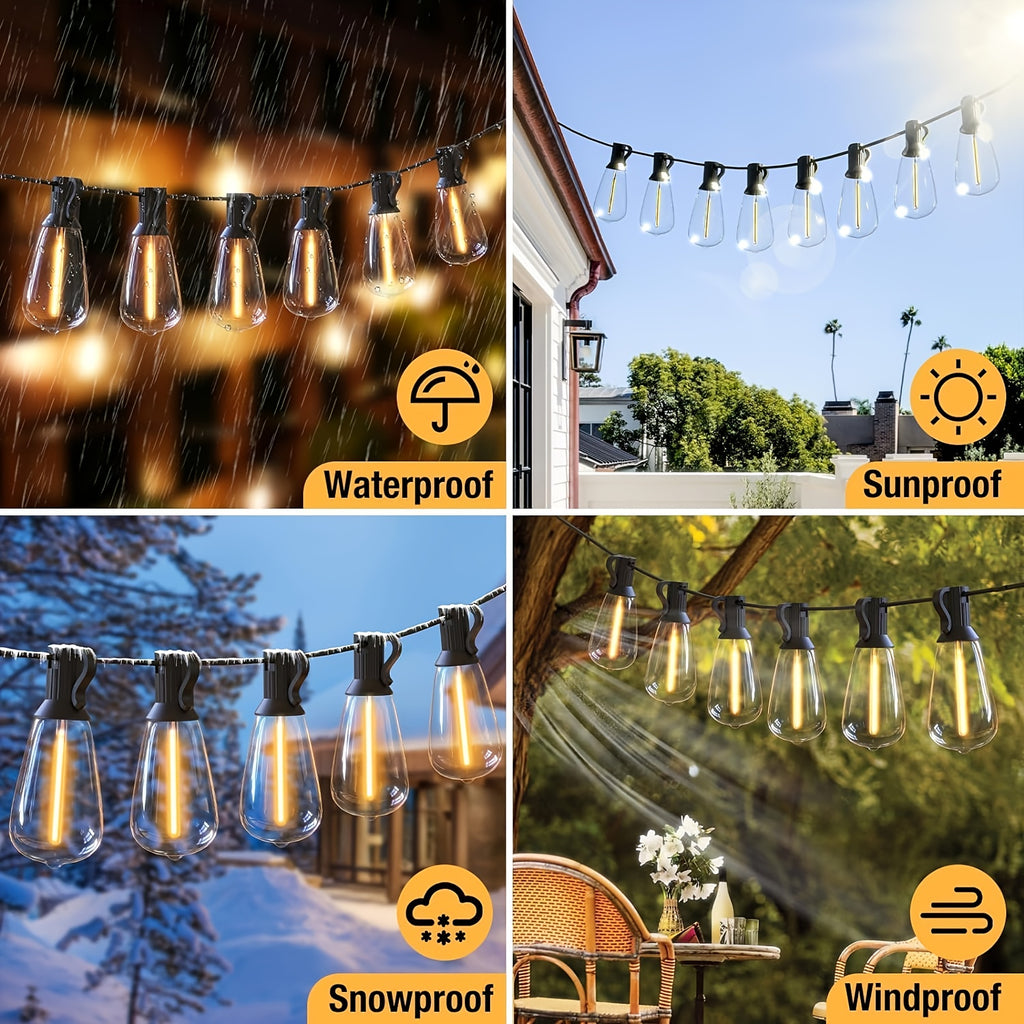 50/ 100 Ft Solar Outdoor String Light, Usb-Rechargeable Patio Rope Light, 2700K Warm White, Weather Resistant Material, 12+1/ 24+1 Breakproof ST38 E12 Bulb for Patio, Backyard, Porch, Outdoor Pool