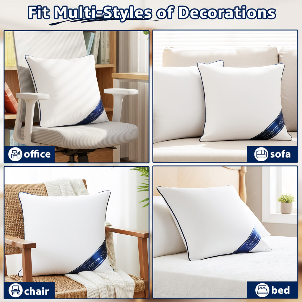 Square Throw Pillow Inserts, 4-Pack Fluffy Polyester Cushion Fillers with Piped Edges, Machine Washable for Sofa, Recliner and Bed Decor