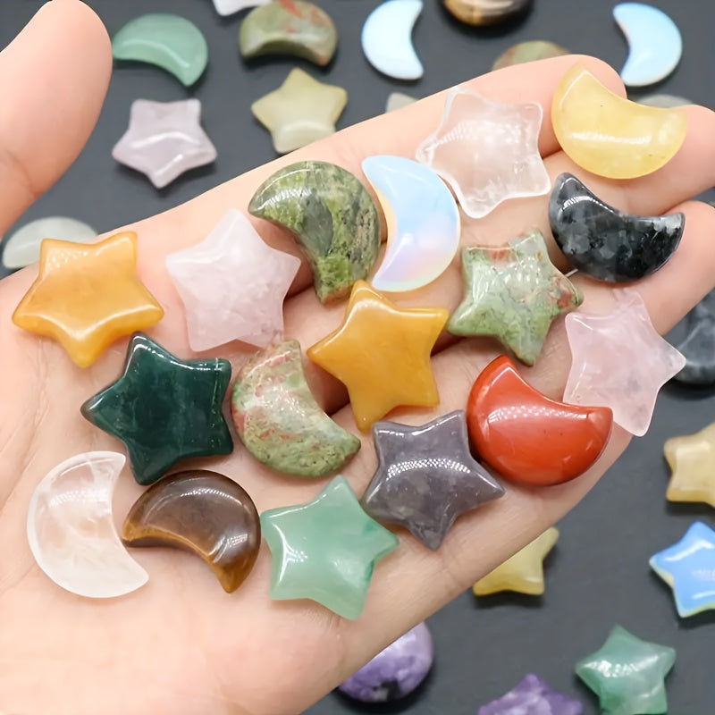 50pcs Random Stone Crystal Set, Star & Moon Crystal Worry Stones, Polished Thumb Gemstones For Meditation, Balancing, Reiki, Witchcraft, And for home Decor