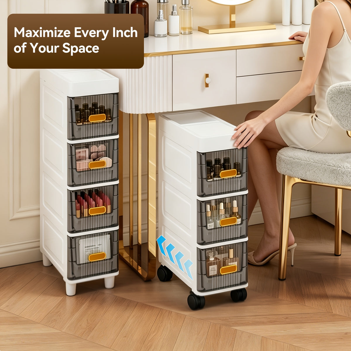 Deluxe Slim Storage Cabinet with Drawers - Durable Waterproof PP Material, Multi-Purpose Organizer with Ample Storage for Bathroom, Kitchen, Personal Care Product Dispensers, and More - Ideal for Small Spaces, Storage Drawer Units