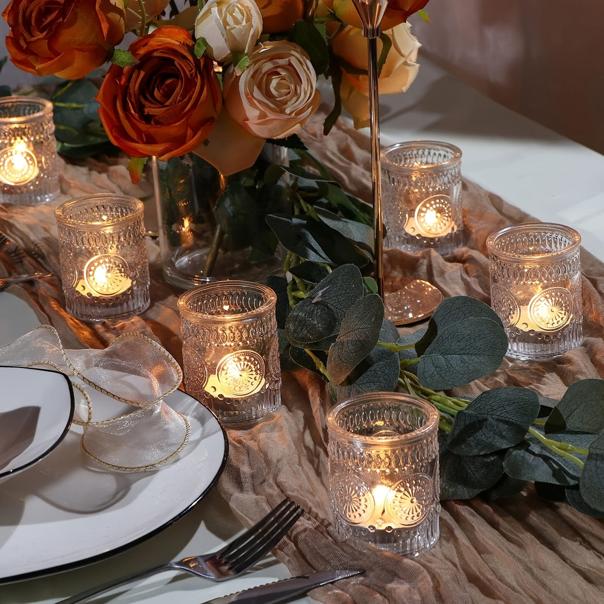 24/12/6pcs, Votive Candle Holders, For Christmas Decorations, Dinner Accessories For Holiday Party Tabletop Decor, For Weddings, Birthdays, Home Decor, Thanksgiving, Valentines Day, New Year, Hurricane Glass Candle Holders Bulk