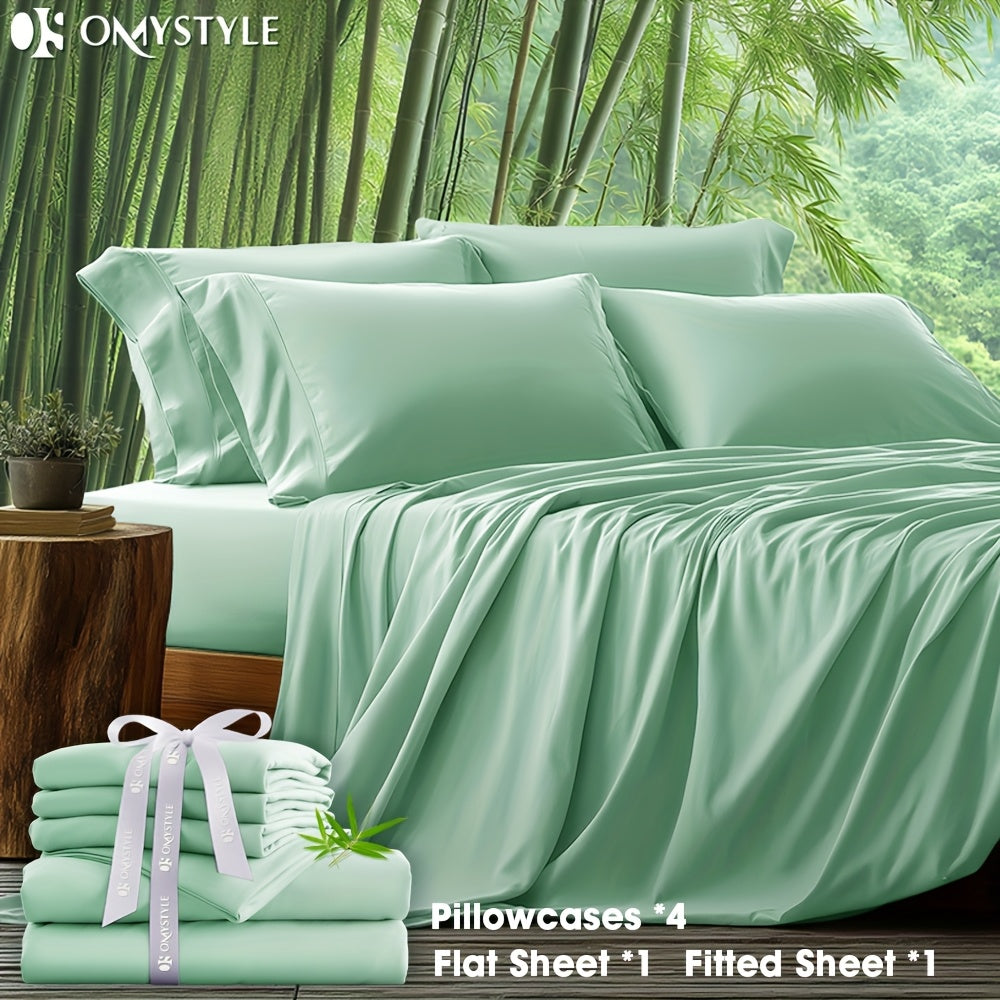 6pcs Bamboo Blend Bed Sheet Set-Flat Sheet, Fitted Sheet And 4 Pillowcases, Luxury Breathable Sheet Set, Ultra Soft Sheet for Hot Sleepers, Deep Pocket, King/Queen/Full/Twin