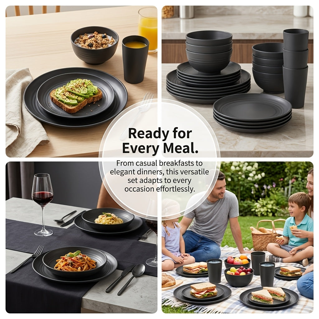Brczuo16/32pcs Securely Fixed Non Fragile Plates, Wheat Straw Tableware Set, Microwave Dishwasher Safe, Durable Tableware, Black Set Includes 16 Plates, 8 Bowls, 8 Cups, Suitable For Family Gatherings, Birthday Parties, Camping