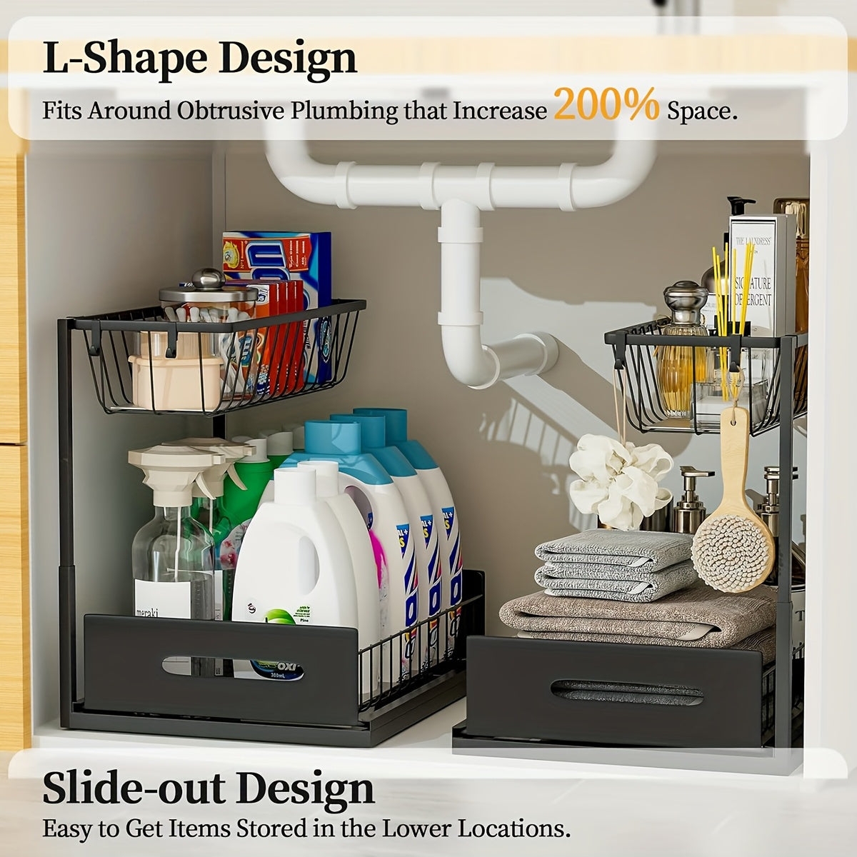 Under Sink Organizers, Metal Pull Out Under Sink Organizers And Storage Shelves with Sliding Drawer, Under Sink Storage for Kitchen, Bathroom (1pack/2pack)