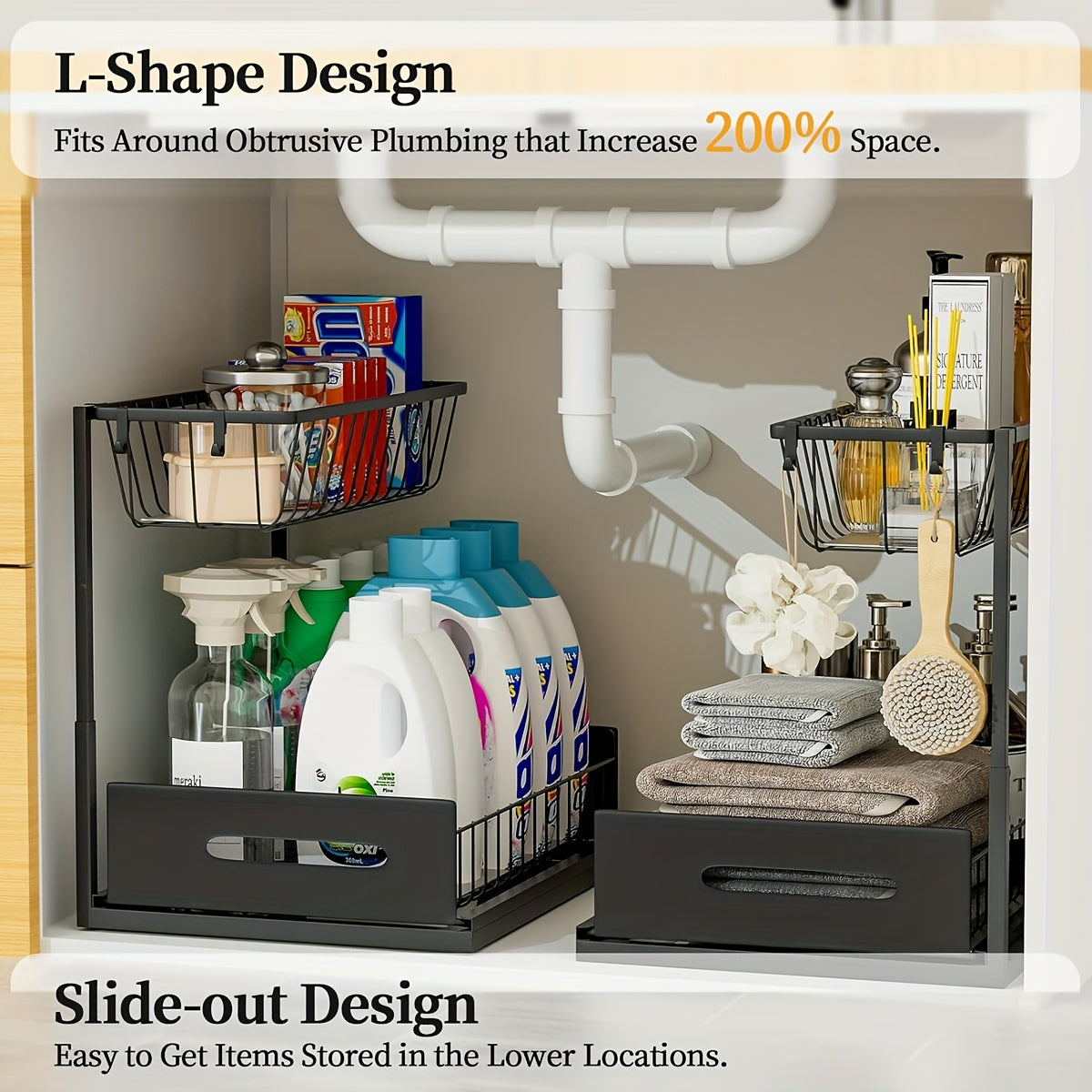 Under Sink Organizers, Metal Pull Out Under Sink Organizers And Storage Shelves with Sliding Drawer, Under Sink Storage for Kitchen, Bathroom (1pack/2pack)