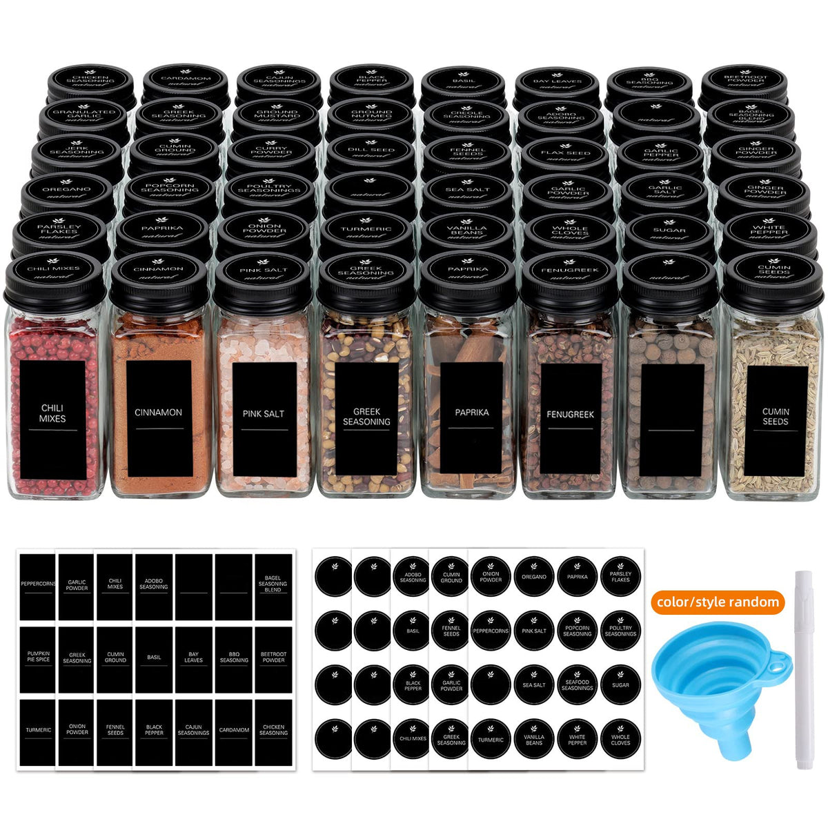 whonline 16pcs/24pcs/36pcs/48pcs Spice Jars, 4oz Glass Spice Jars with Labels - Shaker Lids, Collapsible Funnel, Brush and Marker, Seasoning Bottles for Spice Rack Drawer Cabinet