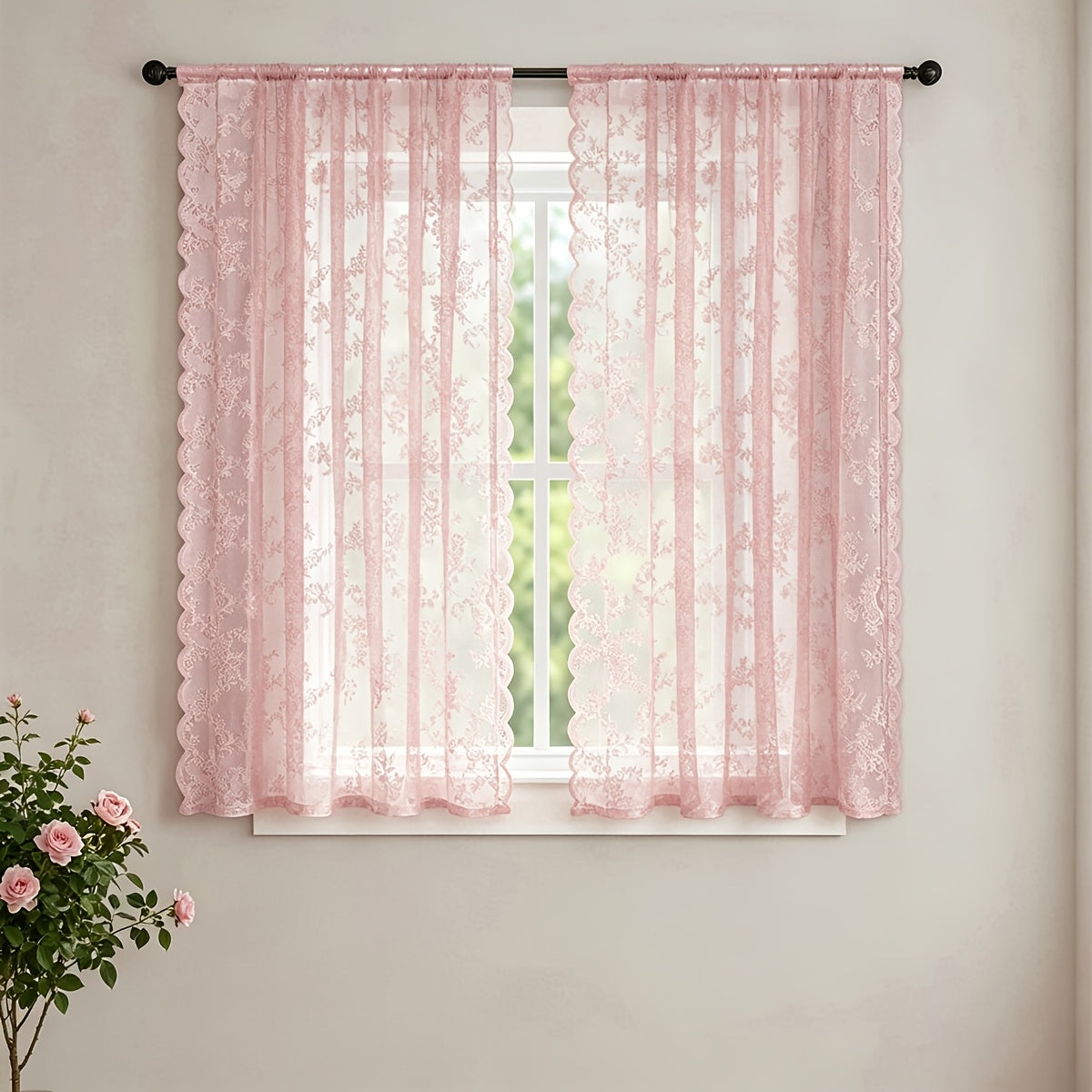 Set of Two White Lace Curtains with Floral Designs, Featuring a Bohemian Style And Semi-Transparent Fabric That Filters Sunlight. Suitable for All Seasons