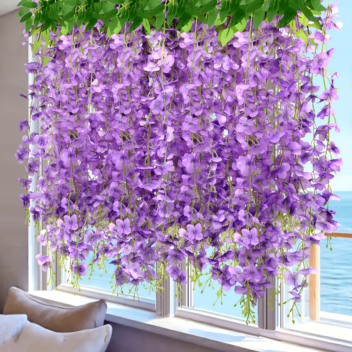 24 Pack (Total 90 Feet) Artificial Fake Wisteria Vine Rattan Hanging Garland Flowers String Home Party Wedding Decor (24, Purple)