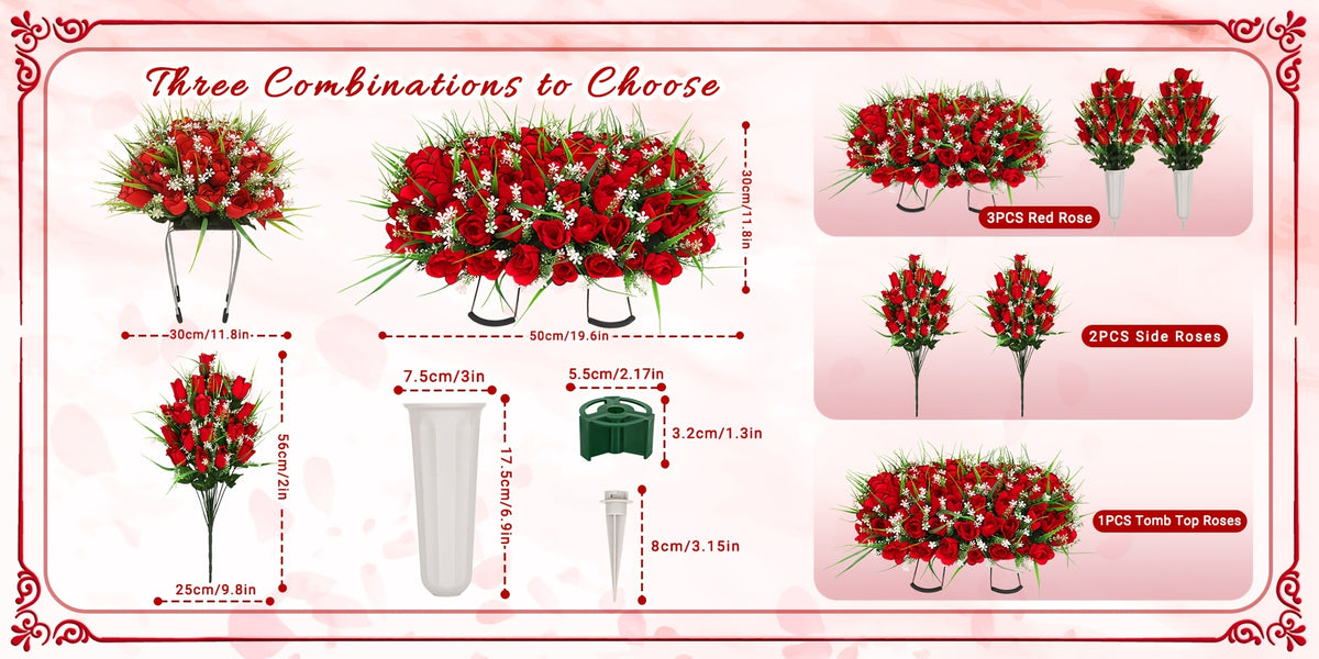 1/2/3pcs Artificial Cemetery Flower For Grave With Saddles, Artificial Silky Rose Flowers And Bouquets With Vases, Memorial Day Flowers For Cemetery, Outdoor Grave Headstones Decoration