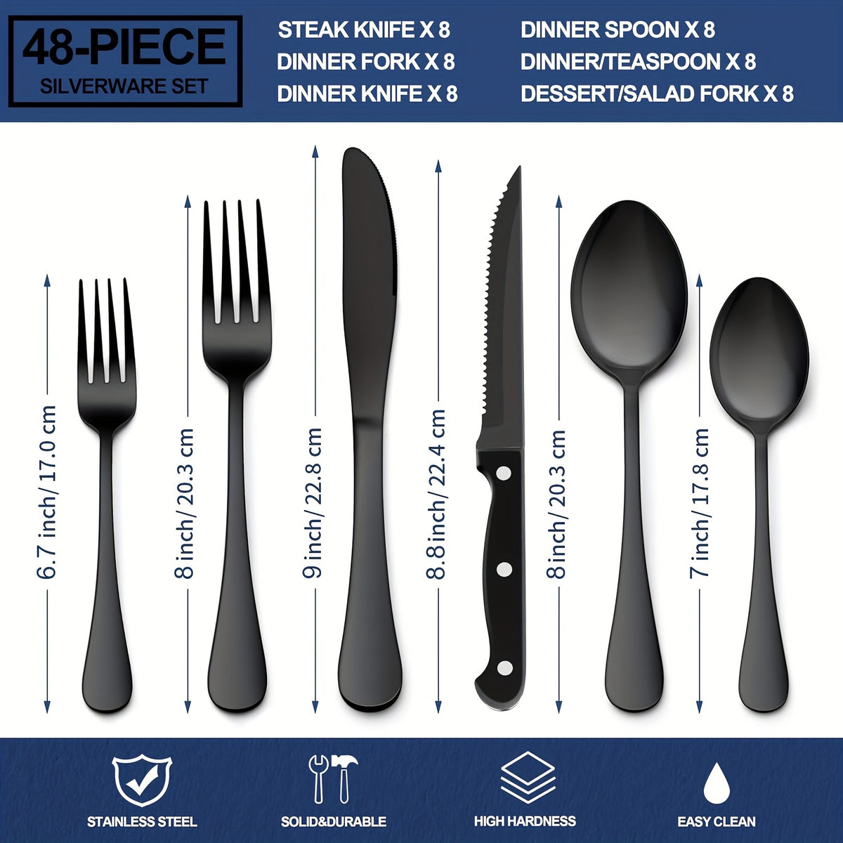 48pcs Silverware Set with Steak Knives, Christmas Stainless Steel Flatware Cutlery Set, Eating Utensils for 8, Spoons Forks Knives for Home Kitchen, Simple Design & Mirror Finish, Dishwasher Safe(Silvery, Black)
