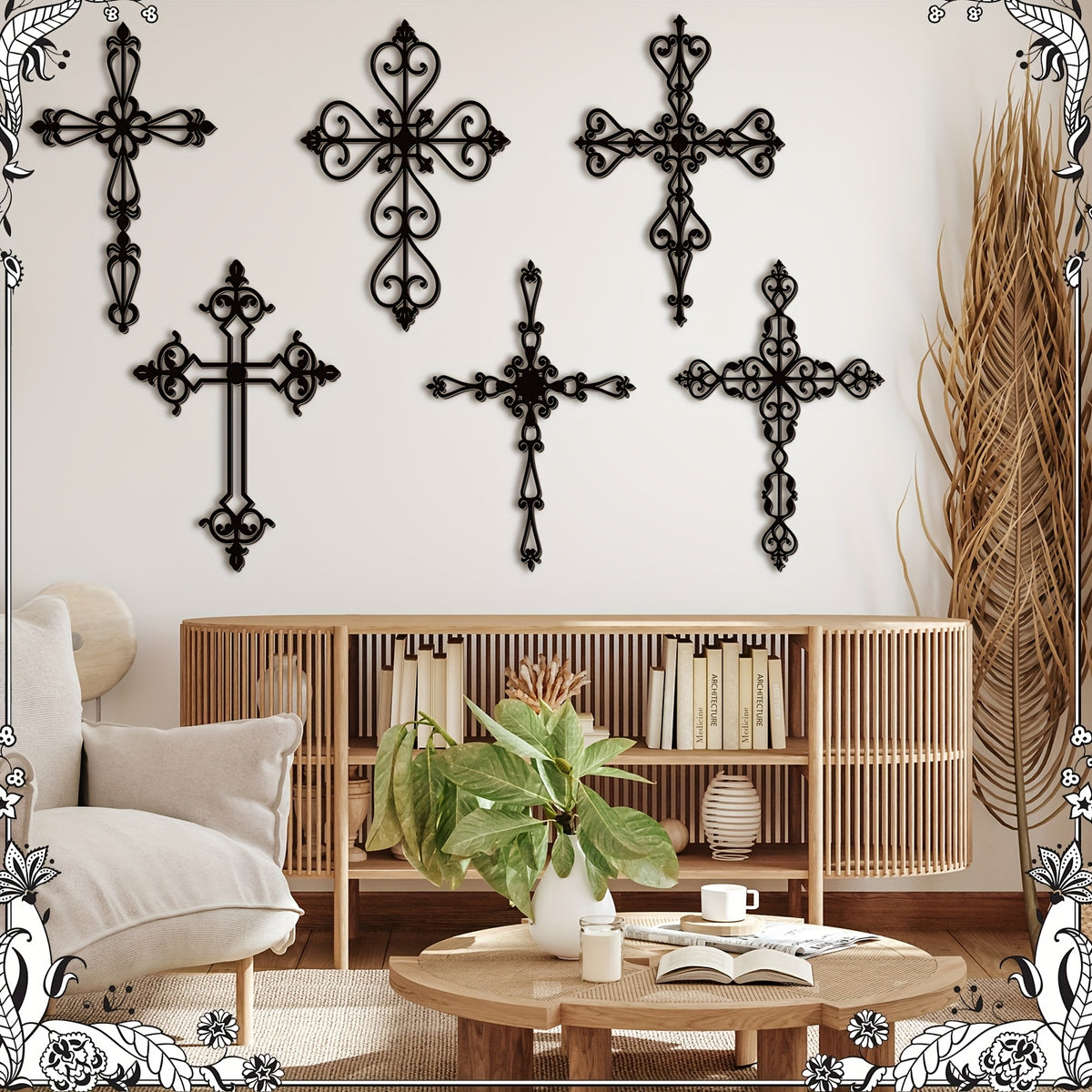 6pcs Wooden Wall Hanging Cross Vintage Hand Carved Wall Crosses Decor for Home Decor Decorative Cross Catholic Crucifix for Living Room, 12 X 8 Inch