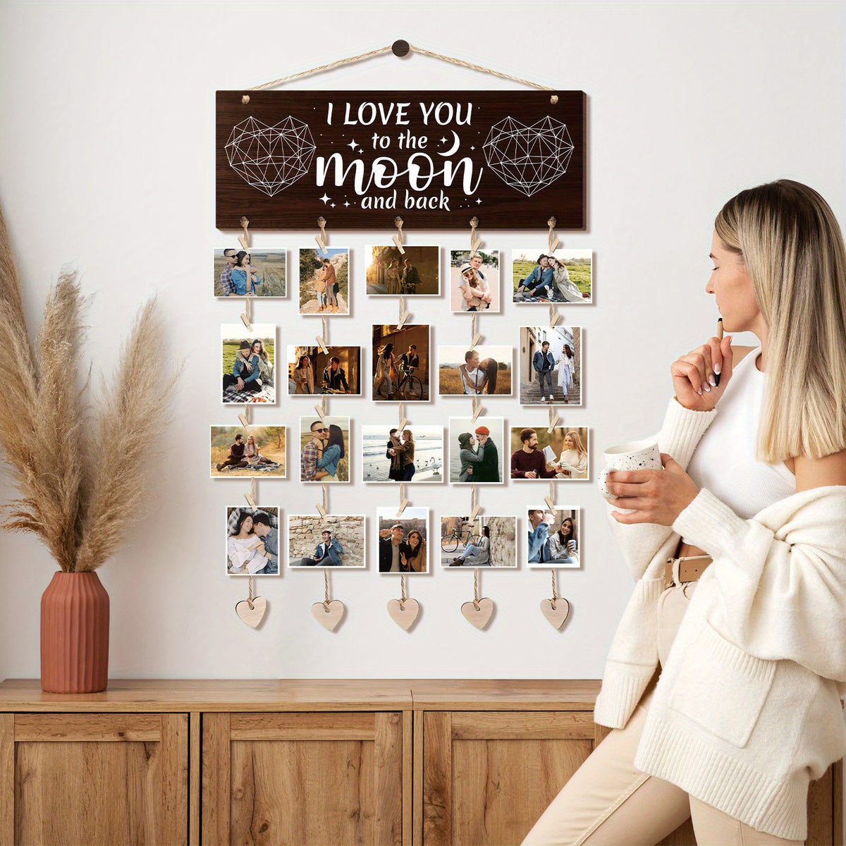 1 Set Wooden Hanging Photo Frames, I Love You to The Moon And Back Picture Holder - Gifts for Him Boyfriend, Her Girlfriend And Wife Husband, Romantic Picture Frame Gifts of Couples for Wedding, Anniversary, Valentine'S Day, Christmas Gifts