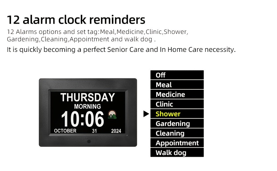 Large Display Day and Date Clock with Auto Dimming, Sun and Moon Icons, 12 Alarm Options and 18 Languages, 7 or 10.1 Inch Calendar Clock for Seniors