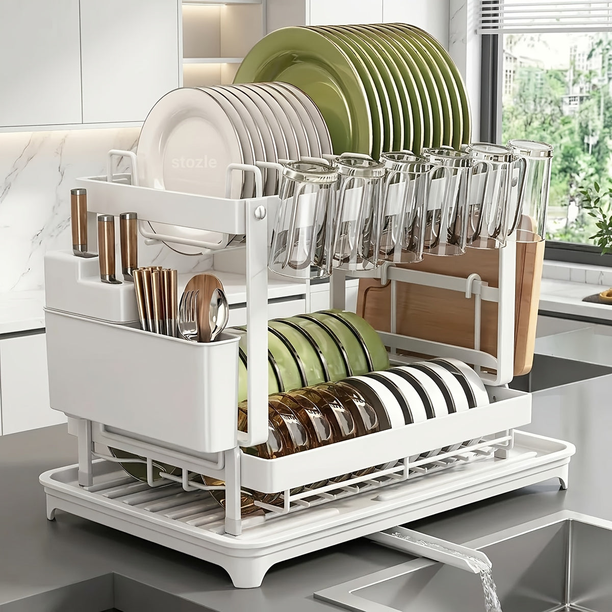 Two-Level Dish Drying Rack for Kitchen Surfaces, Dish Drainer with A Drainboard, Metal Kitchen Dish Holder with Drainage, Two-Tier Kitchen Drying Rack, Black Dish Holders, Standing Shelf Units, Standing Shelf