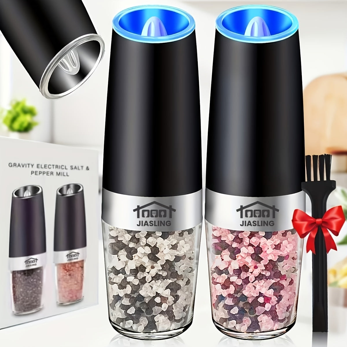 2pcs Gravity-powered Electric Salt and Pepper Grinder Battery-powered LED Light One-handed Automatic Operation Adjustable Coarse Grinder Grinder Black Rocking Chair Creative Kitchen Gadget Gift Battery-powered to Choose