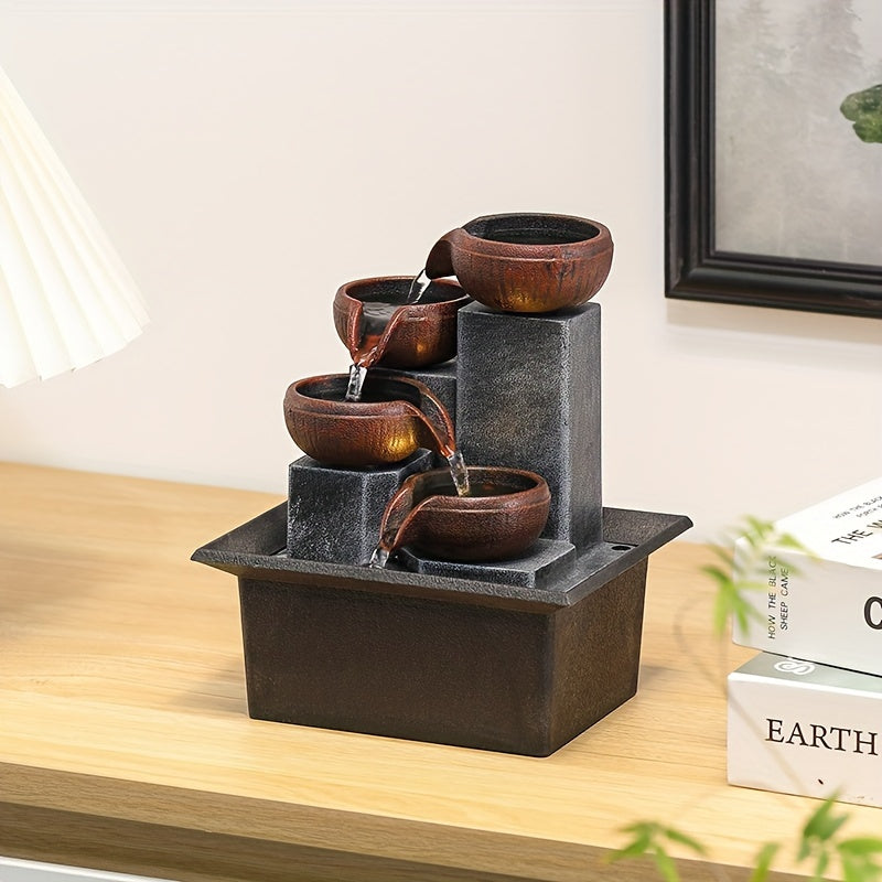 1pc USB Powered Four-Story Desktop Fountain Waterfall with Warm LED Lights, Adjustable Three-Level Pump, Plastic Indoor Decor for Home And Office, Architecture Theme