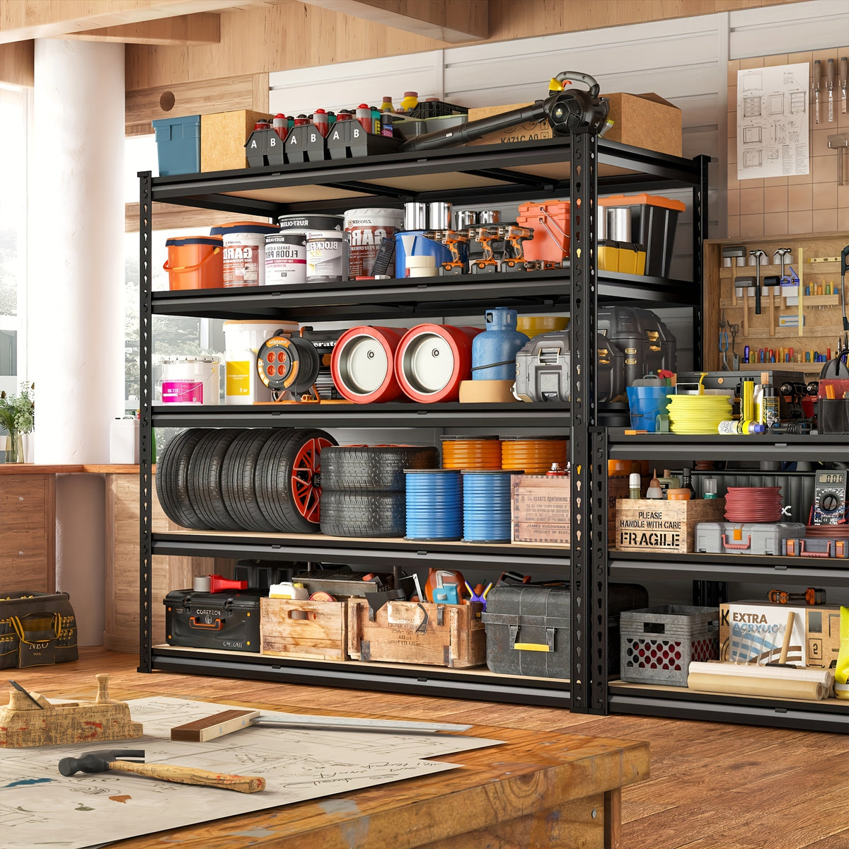 REIBII 2000LBS for garage Shelving Storage Shelves Heavy Duty 5-tier Metal Shelving Units For Garage Shelves 60" H X 28" W X 12" D, Adjustable Utility Shelf Rack For Kitchen Warehouse Basement Pantry Utility Rack Shelf, Black, Standing Shelf