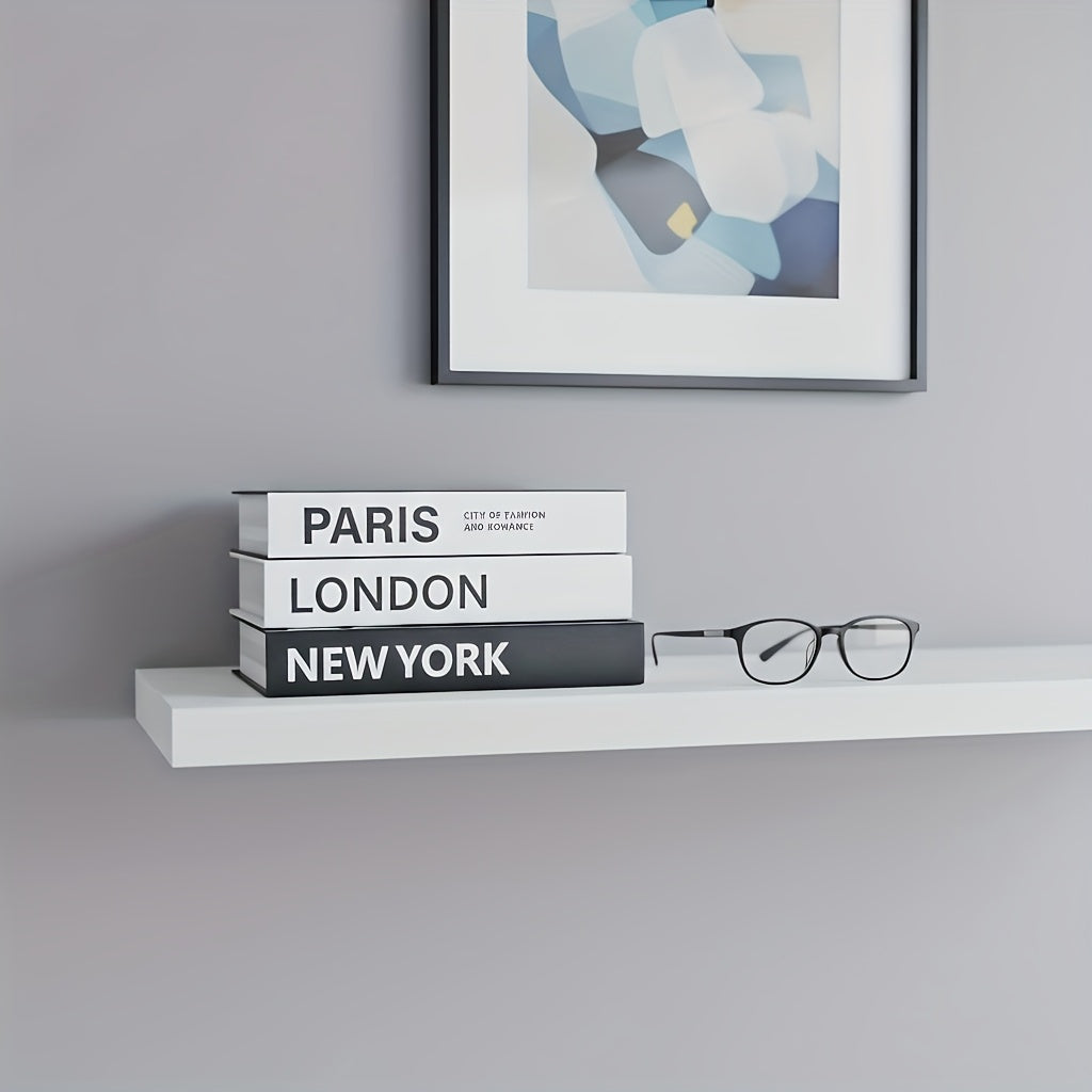 City Theme Decorative Faux Books, Set of 3 Black and White Paper Book Accents with Paris London and New York Spines for Coffee Tables and Shelves