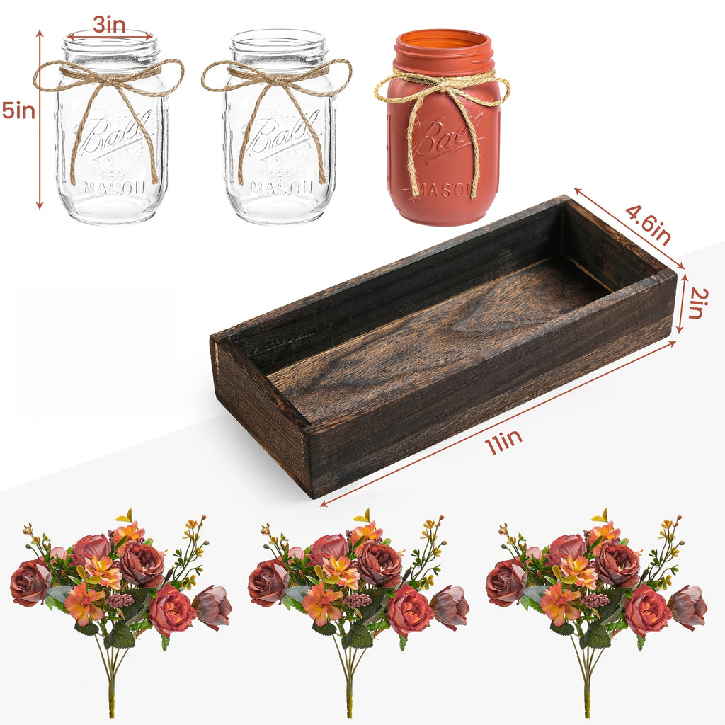 3pcs Mason Jar Centerpiece Table Decorations for Dining Table Decor Farmhouse Coffee Table Decor with Wood Tray and Led Light Table Centerpieces for Dining Room Kitchen Living Bathroom, Pink