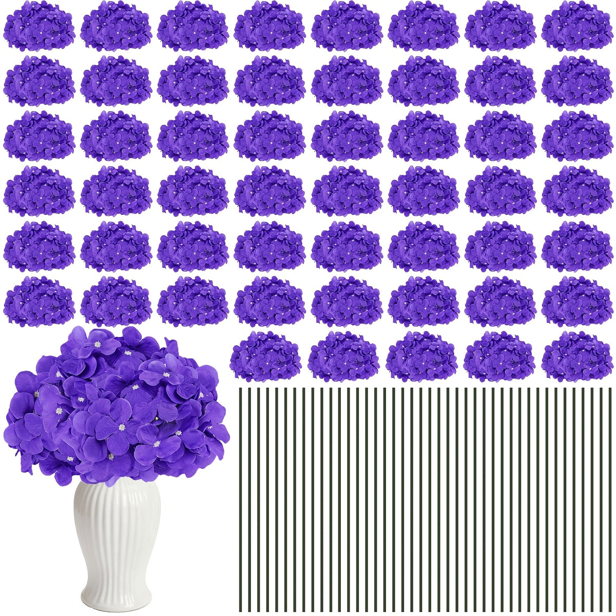 Set of 24 Synthetic Hydrangea Blooms with Stems, Ideal for Wedding Decorations, Home Parties, Baby Showers, And Store Displays. These Floral Arrangements Are Long-Lasting And Can Be Reused, Available in White, Orange, Blue, Dreamy Purple, Champagne