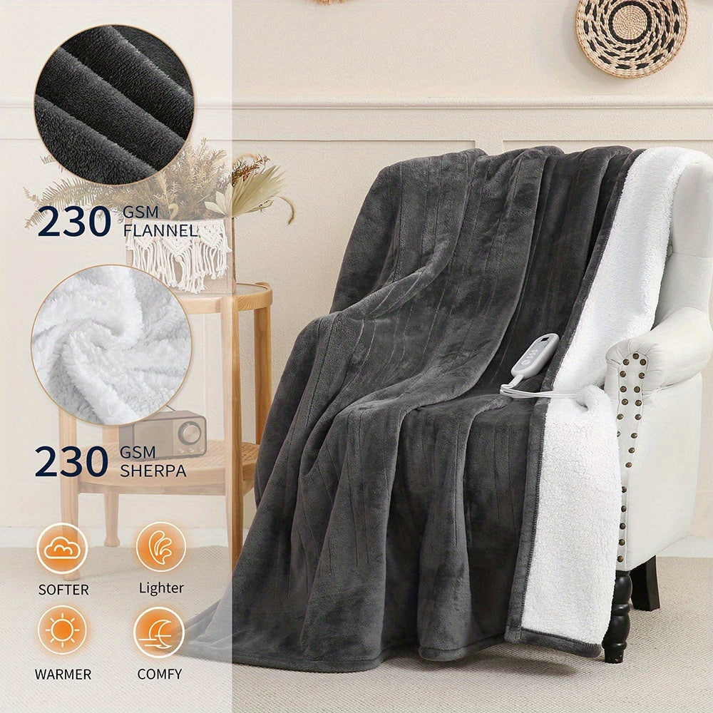 Extra Large Flannel And Electric Blanket with Time And Temperature Control, 10 Hour Auto-Off, 8 Temperature Levels, Queen/King Two Controllers, Throw/Twin/Full with 1 Controller, Machine Washable, PTC+NTC Overheat Protection